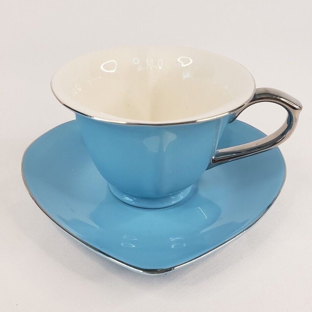 Classic Coffee & Tea Inside Out Heart Shaped Tea Cup + Saucer Blue Silver Rim